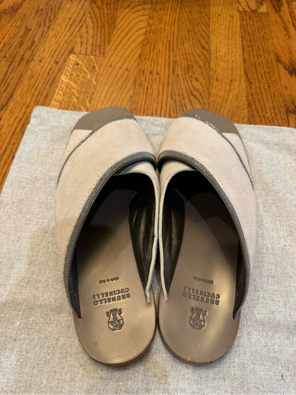 Brunello Cucinelli Beige and Gray Suede Slip-On Mules